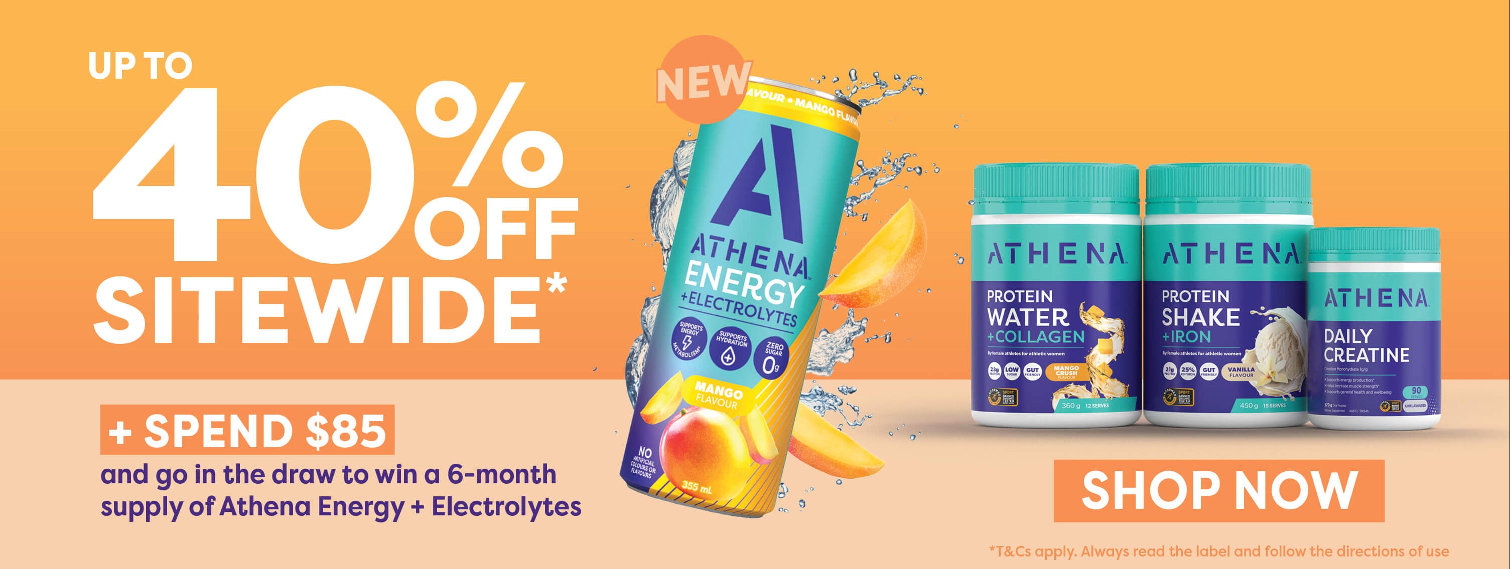 Promotional banner for Athena energy drinks with a 40% off sitewide offer and shop now button.