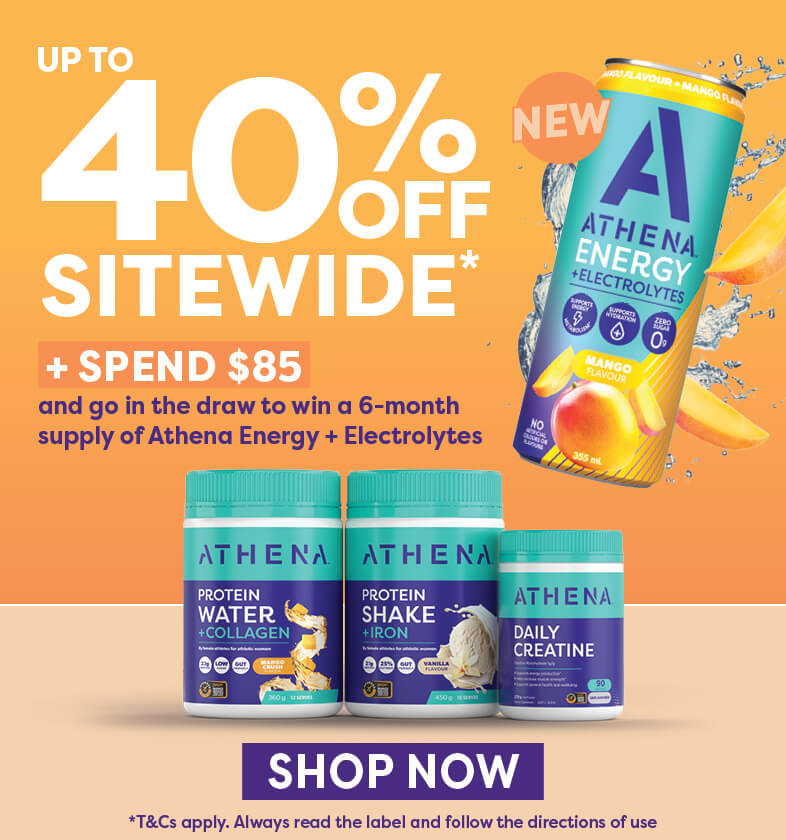 Promotional advertisement for Athena health products with a 40% off site-wide offer and a chance to win anthena energy drinks