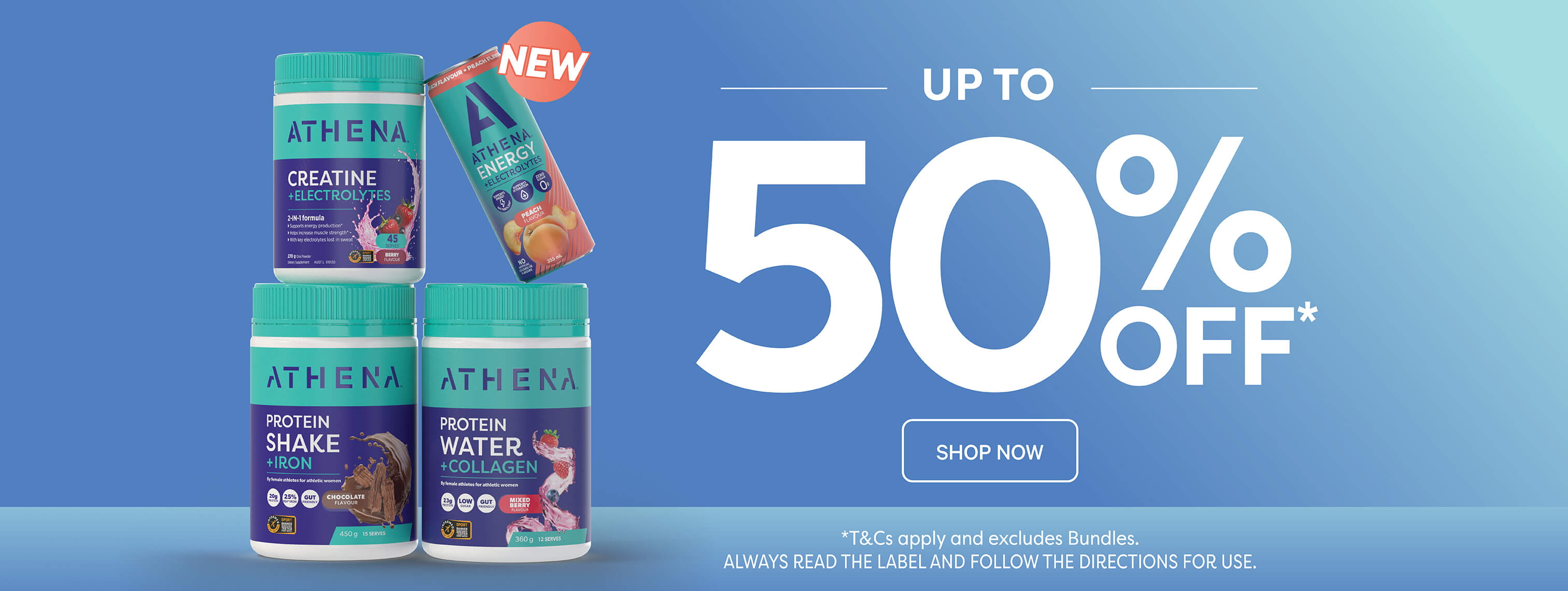 Promotional advertisement for Athena supplements with an up to 50% off offer on a blue background.