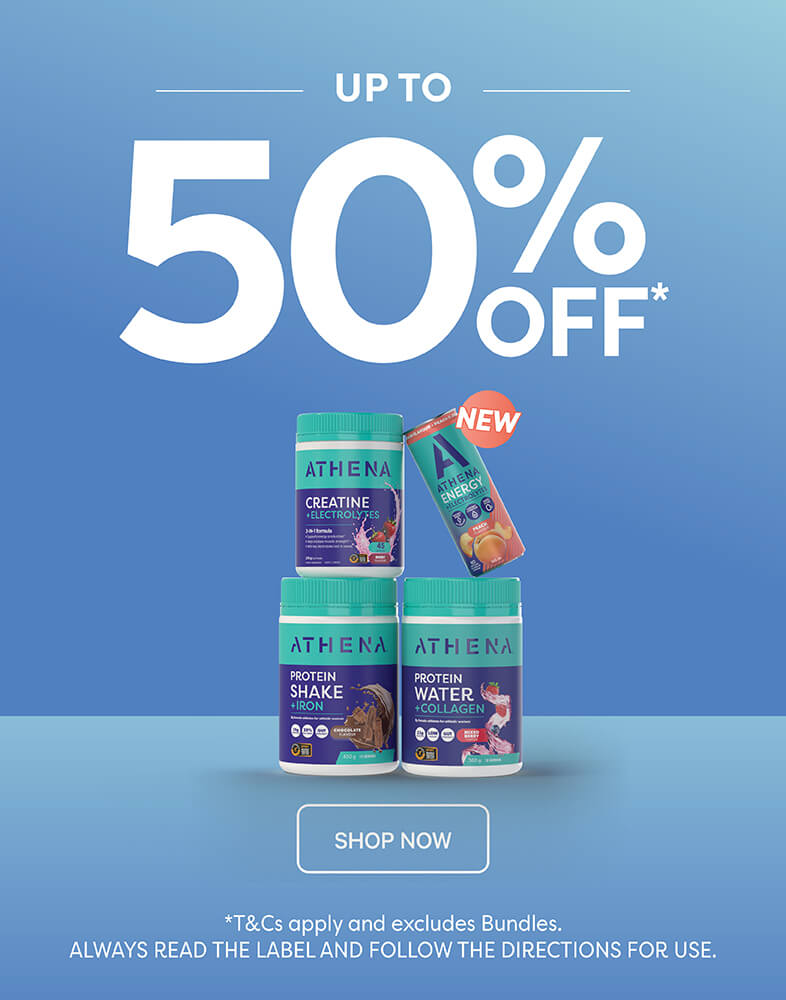 Promotional advertisement for Athena supplements with an up to 50% off offer on a blue background.