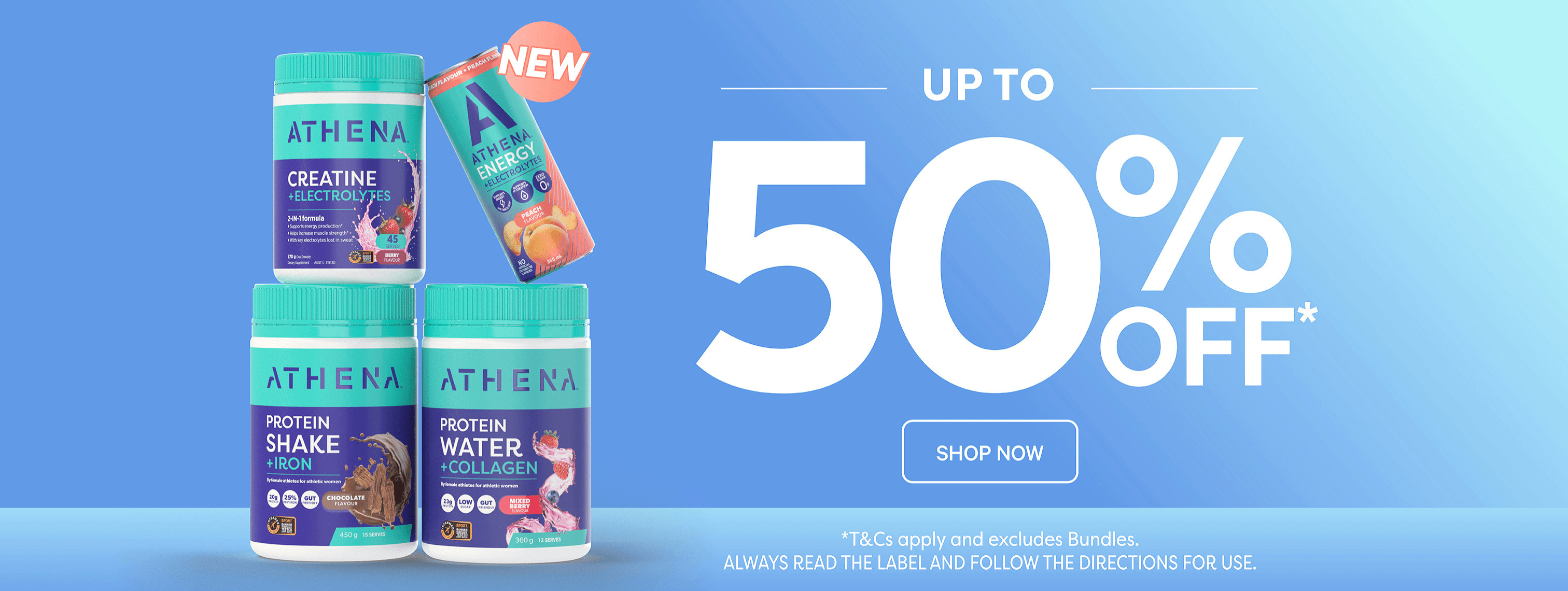 Promotional banner for Athena supplements with product packaging and a 50% off discount offer on a blue background.