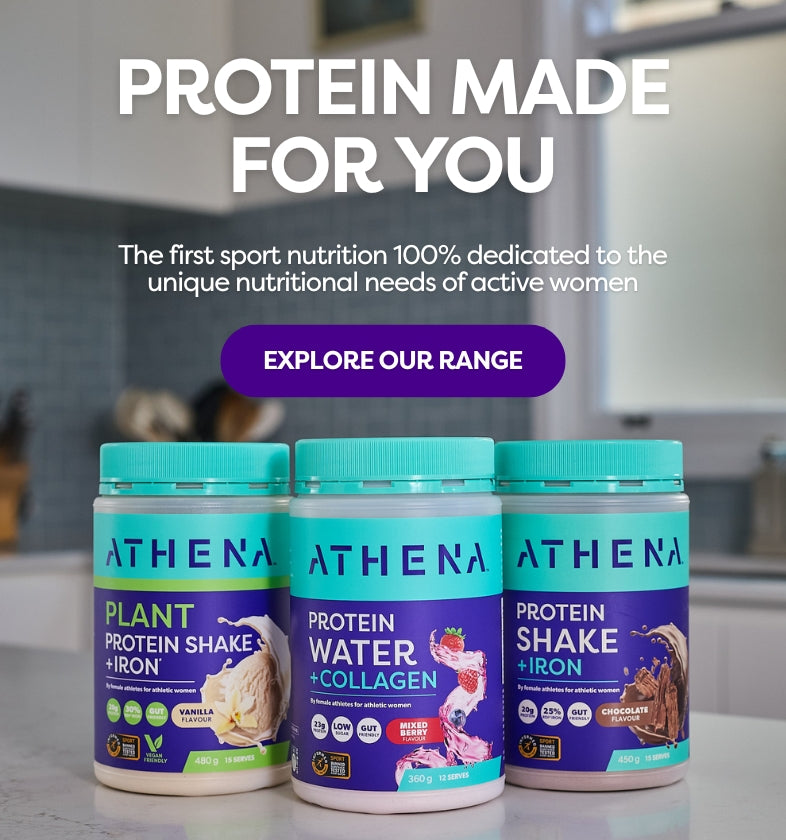 Three Athena protein products on a kitchen counter 