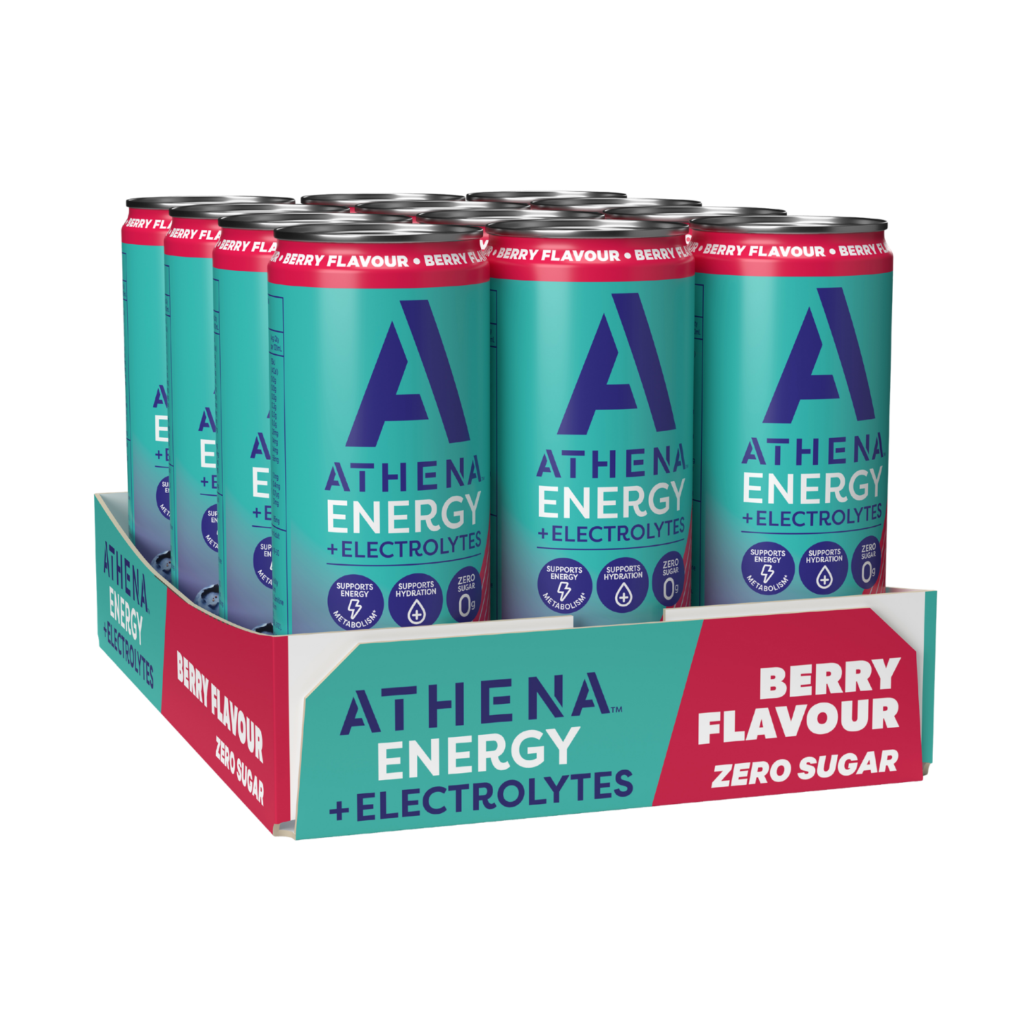 Box of Athena Energy + Electrolytes in berry flavor with cans stacked on top