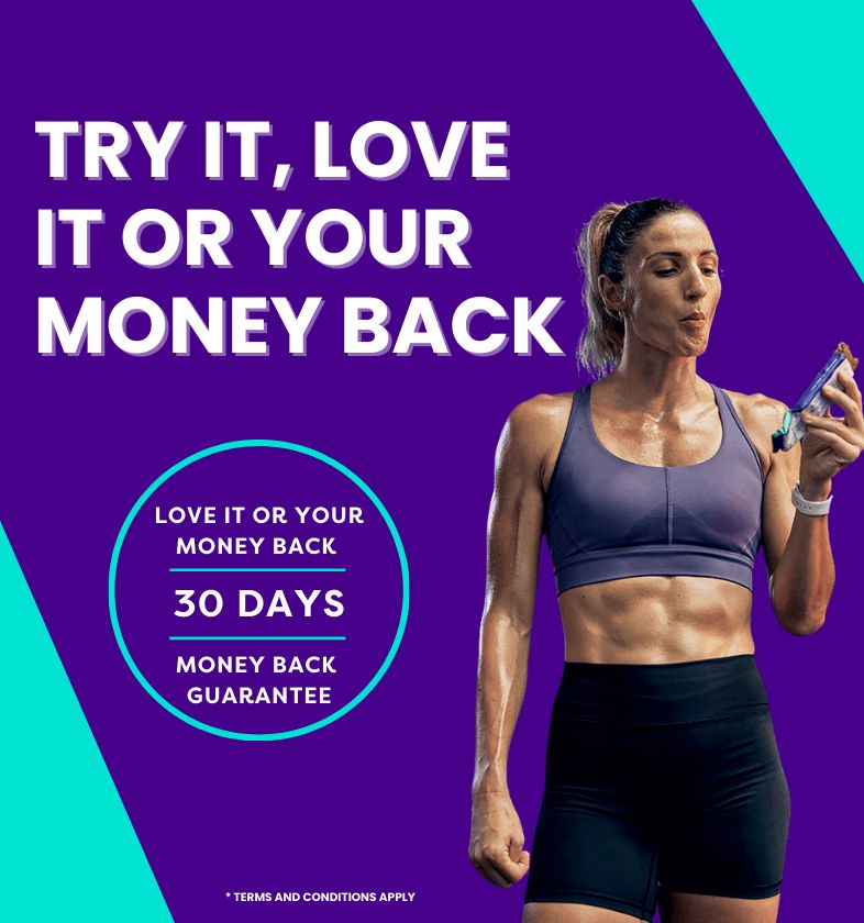 Kim eating Athena Bar with try it, love it or your money back text 