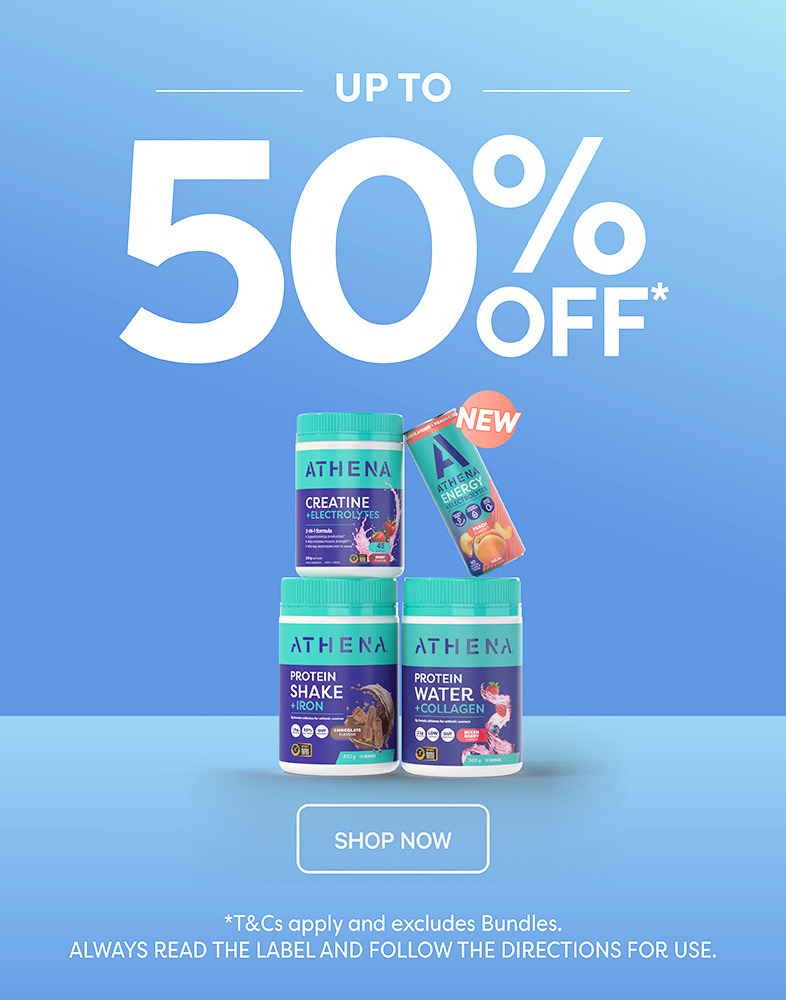 Athena supplement products with a 50% off promotion on a blue background
