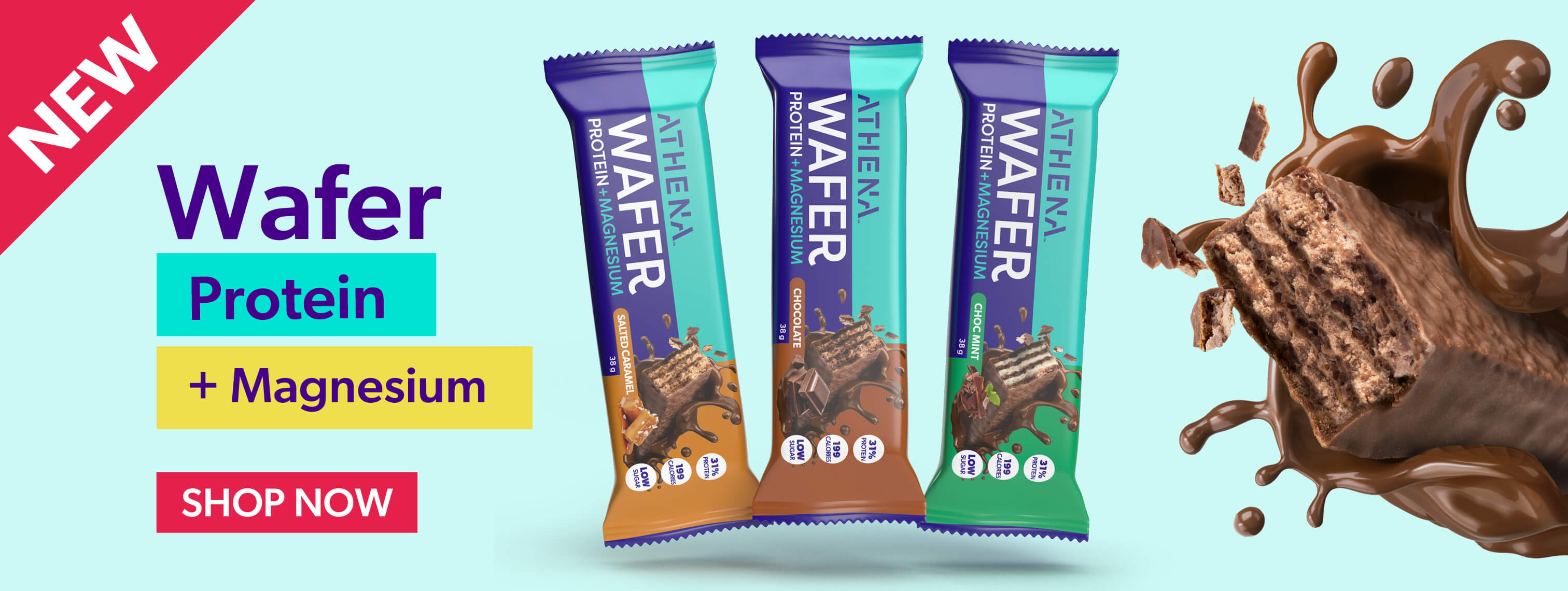 Athena Wafer Protein + Magnesium bars with a splash of chocolate on a light blue background.